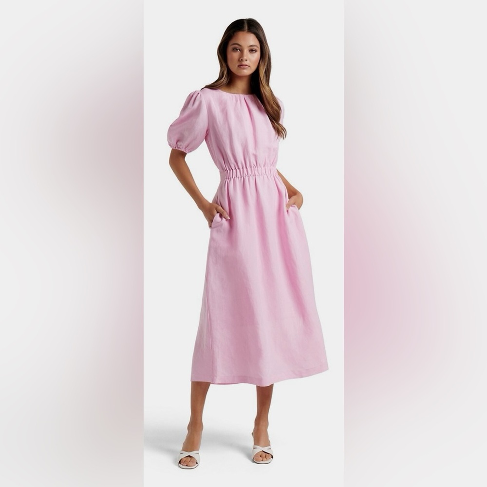 EverNew Melbourne Open Back Baby Barbie Pink Linen Midi Dress. USA 6.